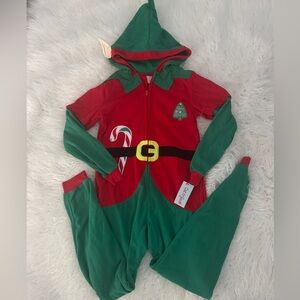 NWT Cat & Jack Kids Holiday Elf Hooded Onesie - Green and Red size 14